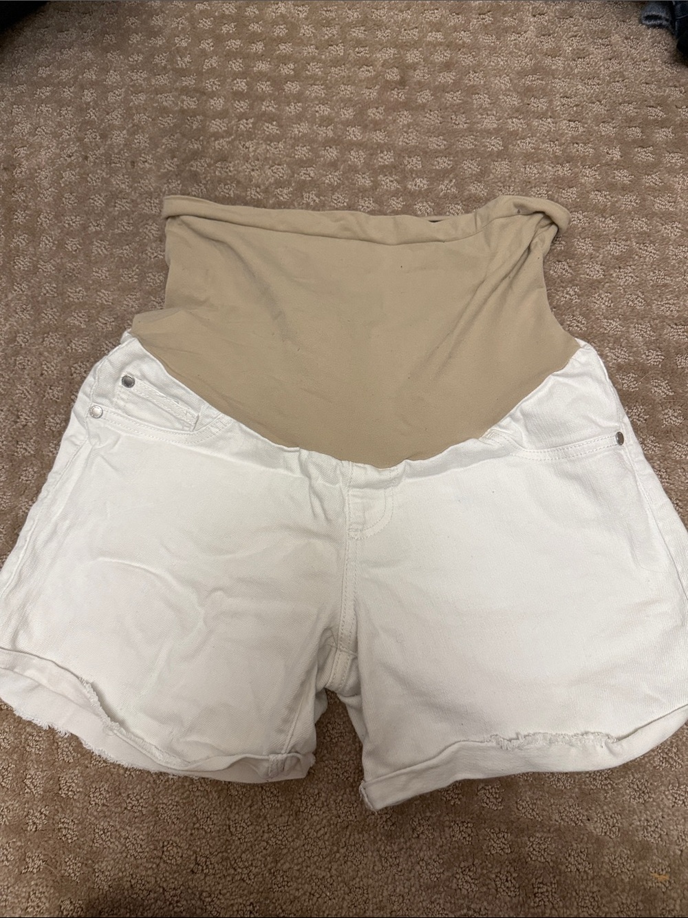 Indigo Blue White Denim Maternity Shorts with Beige Waist Panel